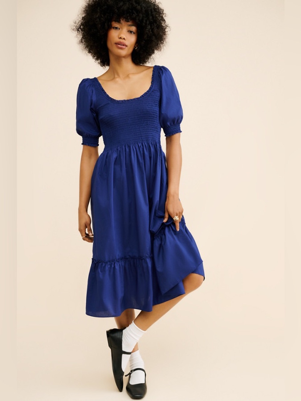 Hill House The Louisa Nap Dress Cobalt Blue Smocked Puff-Sleeve Midi Dress - M